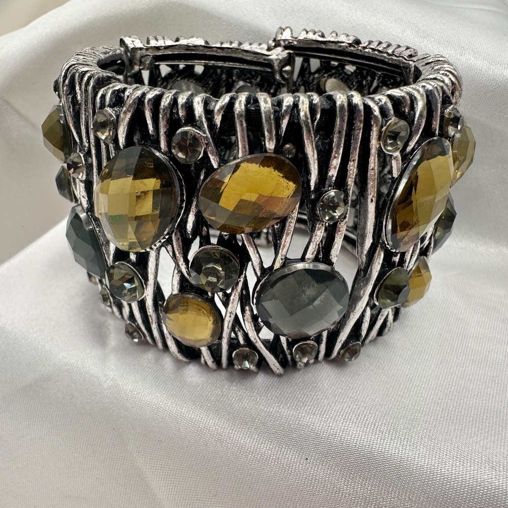 Vintage 90s Silver Tone Wide Cuff Bracelet Amber Glass Boho Fashion Jewelry